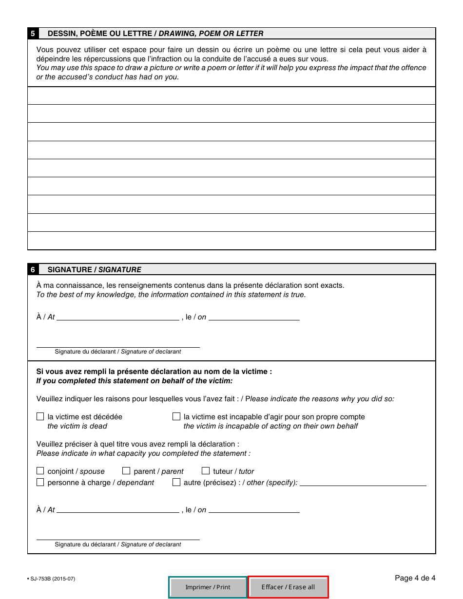 Form 34.2 (48.2; SJ-753B) Victim Impact Statement - Quebec, Canada (English / French), Page 4