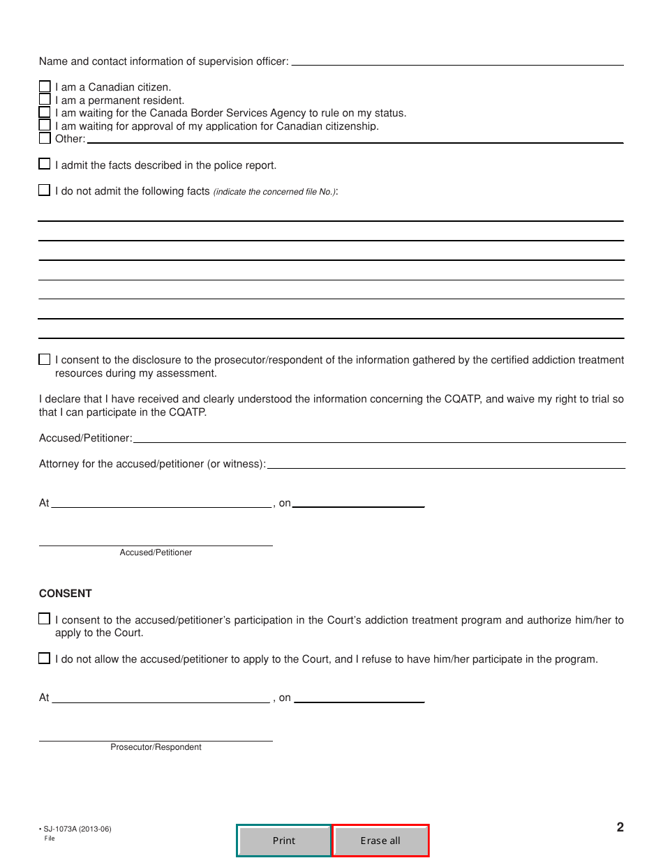 Form SJ-1073A Application for Consent to Participate in the Court of Quebec Addiction Treatment Program (Cqatp) - Quebec, Canada, Page 2