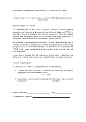 Document preview: Consent Form for Offender Participation in the Pttcq Implementation and Impact Study - Quebec, Canada