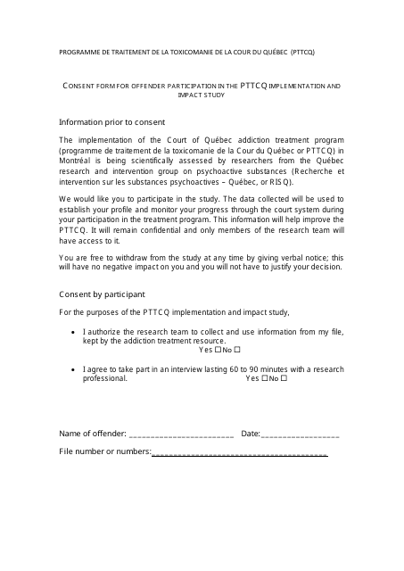 Consent Form for Offender Participation in the Pttcq Implementation and Impact Study - Quebec, Canada