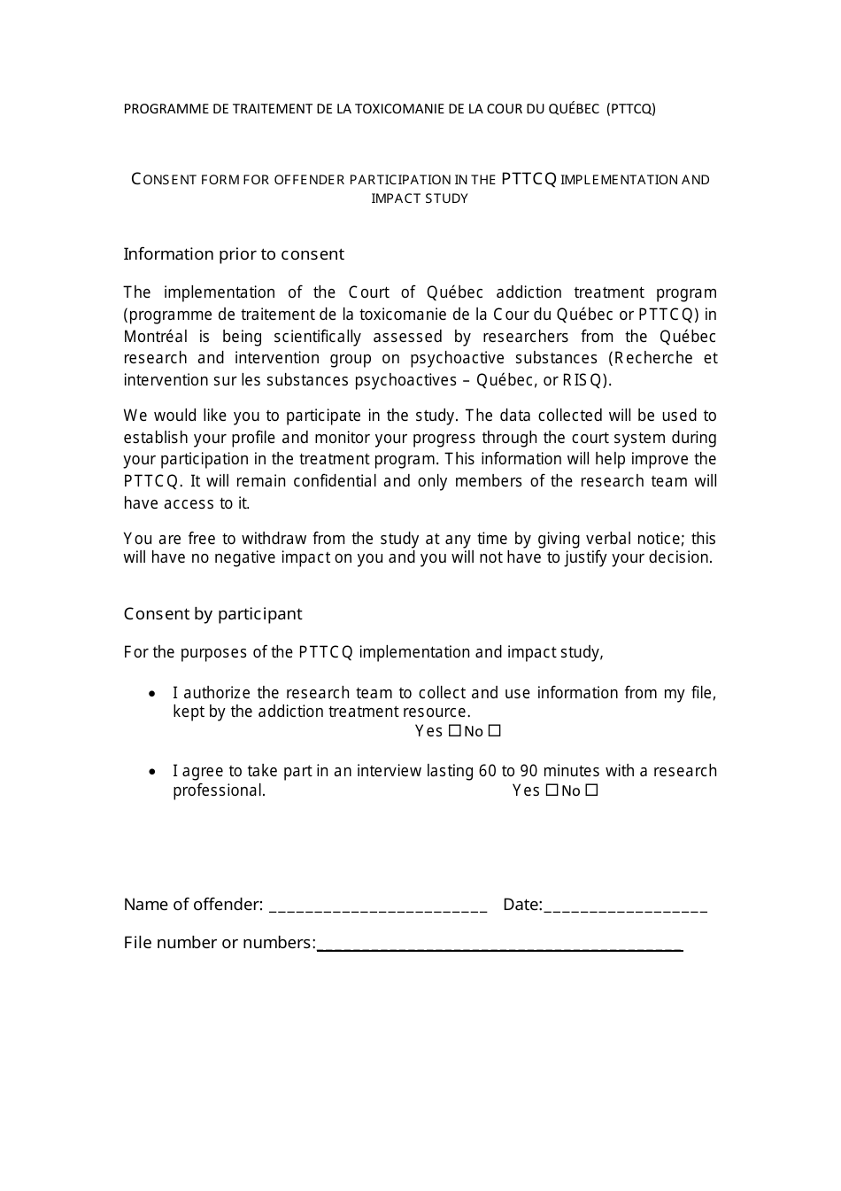 Consent Form for Offender Participation in the Pttcq Implementation and Impact Study - Quebec, Canada, Page 1