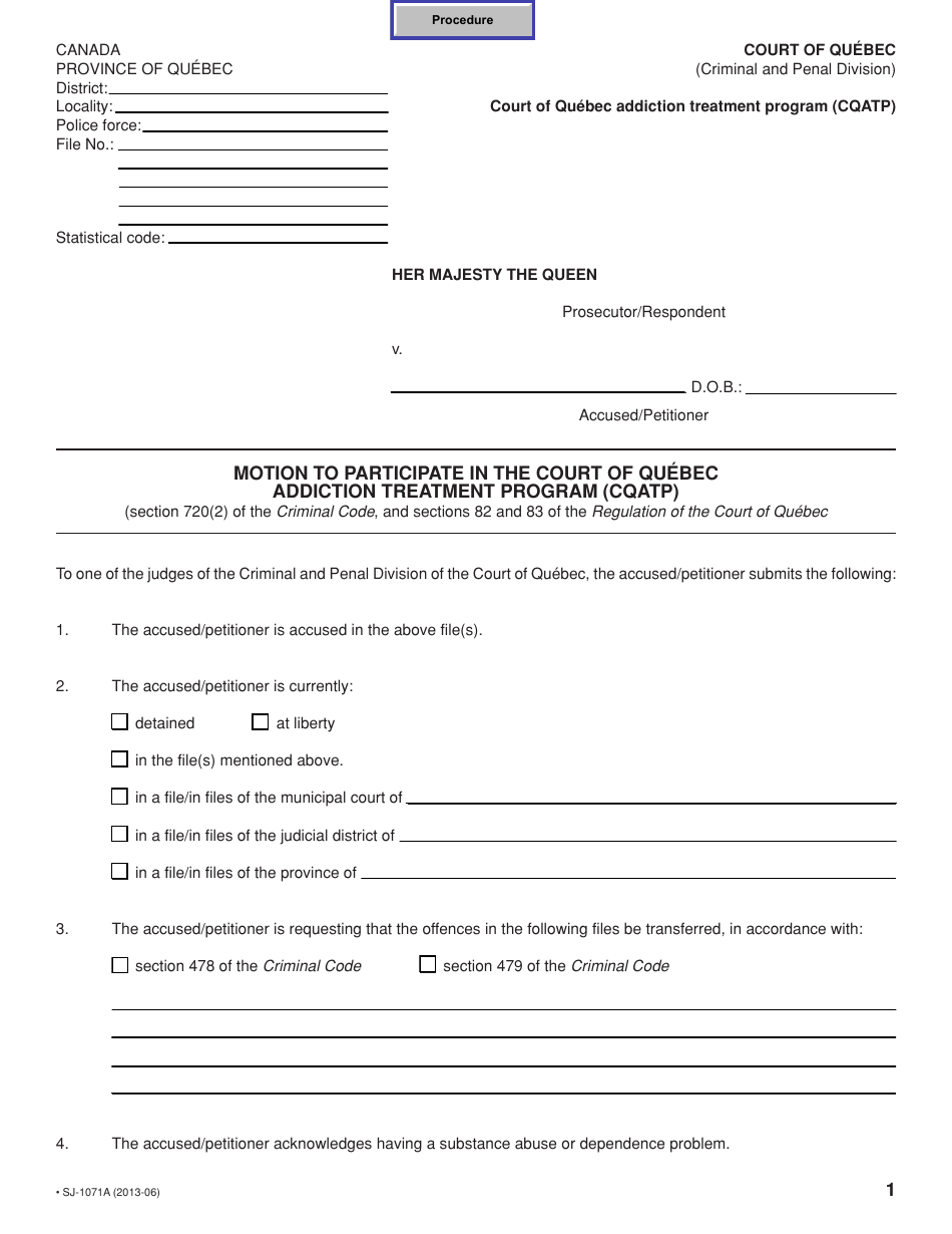 Form SJ-1071A Motion to Participate in the Court of Quebec Addiction Treatment Program (Cqatp) - Quebec, Canada, Page 1