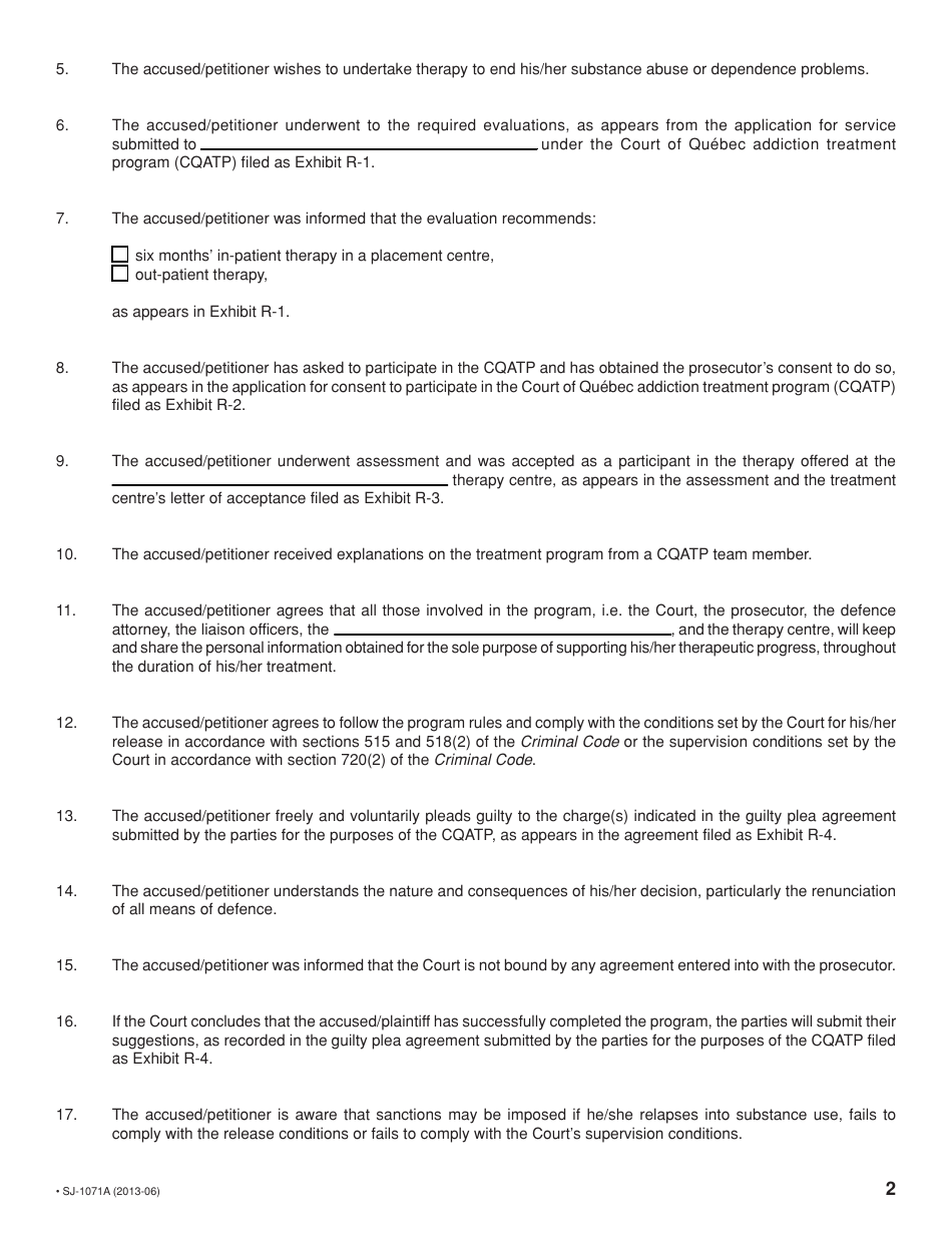 Form SJ-1071A Motion to Participate in the Court of Quebec Addiction Treatment Program (Cqatp) - Quebec, Canada, Page 2