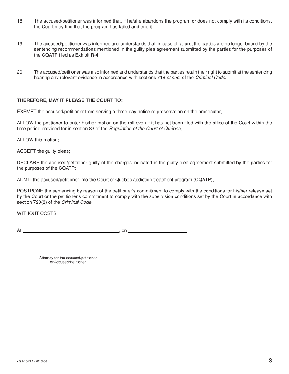 Form SJ-1071A Motion to Participate in the Court of Quebec Addiction Treatment Program (Cqatp) - Quebec, Canada, Page 3