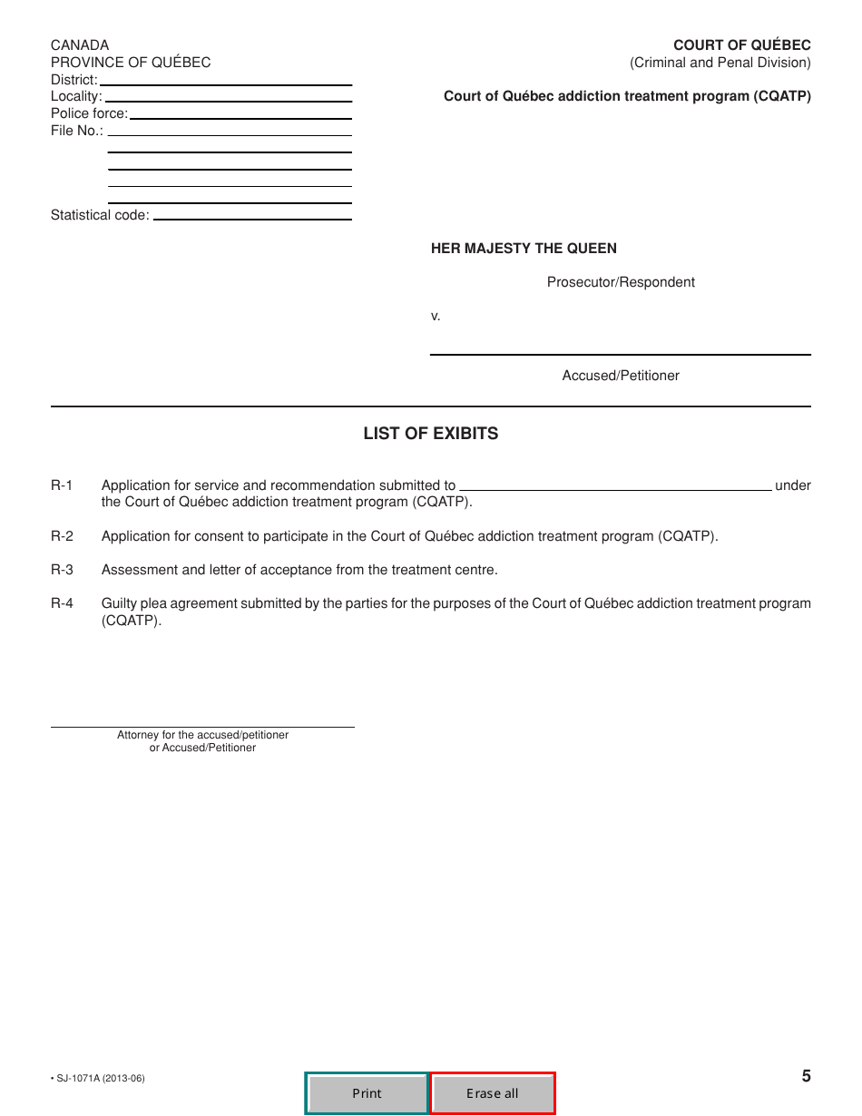 Form SJ-1071A Motion to Participate in the Court of Quebec Addiction Treatment Program (Cqatp) - Quebec, Canada, Page 5