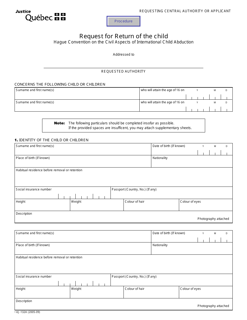 Form AJ-132A Request for Return of the Child - Quebec, Canada, Page 1