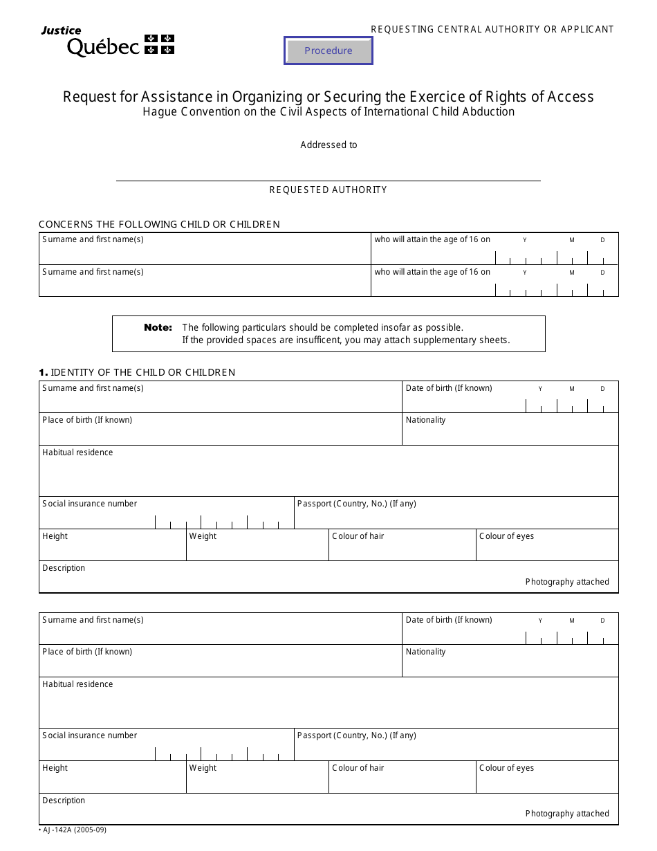 Form AJ-142A Request for Assistance in Organizing or Securing the Exercice of Rights of Access - Quebec, Canada, Page 1