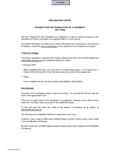 Form SJ-1138A Request for the Translation of a Judgment - Quebec, Canada
