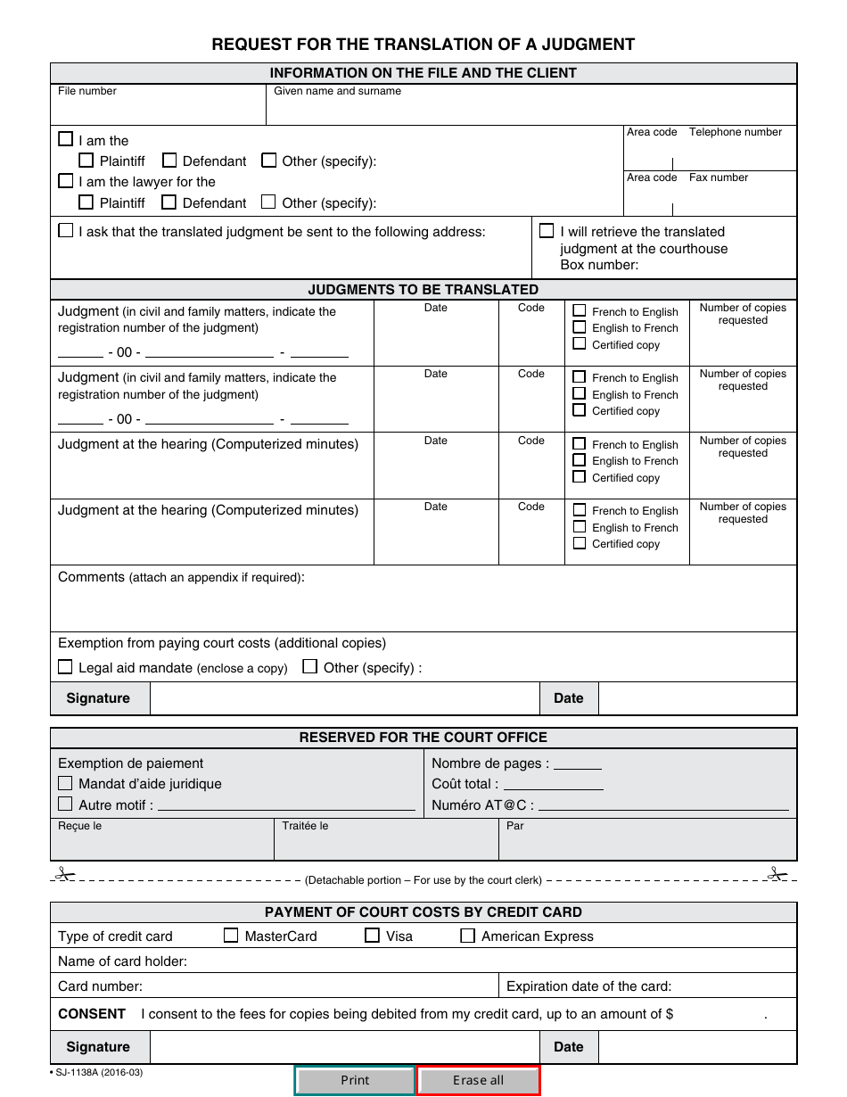 Form SJ-1138A Request for the Translation of a Judgment - Quebec, Canada, Page 2