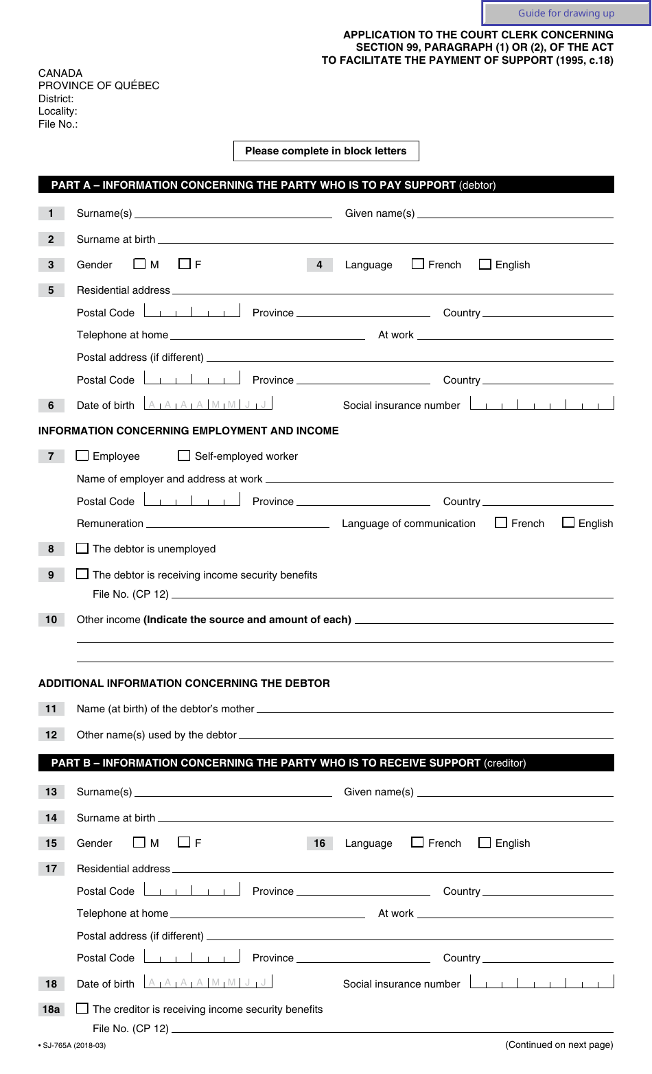 Form SJ-765A Application to the Court Clerk Concerning Section 99, Par. (1) or (2), of the Act to Facilitate the Payment of Support - Quebec, Canada, Page 2