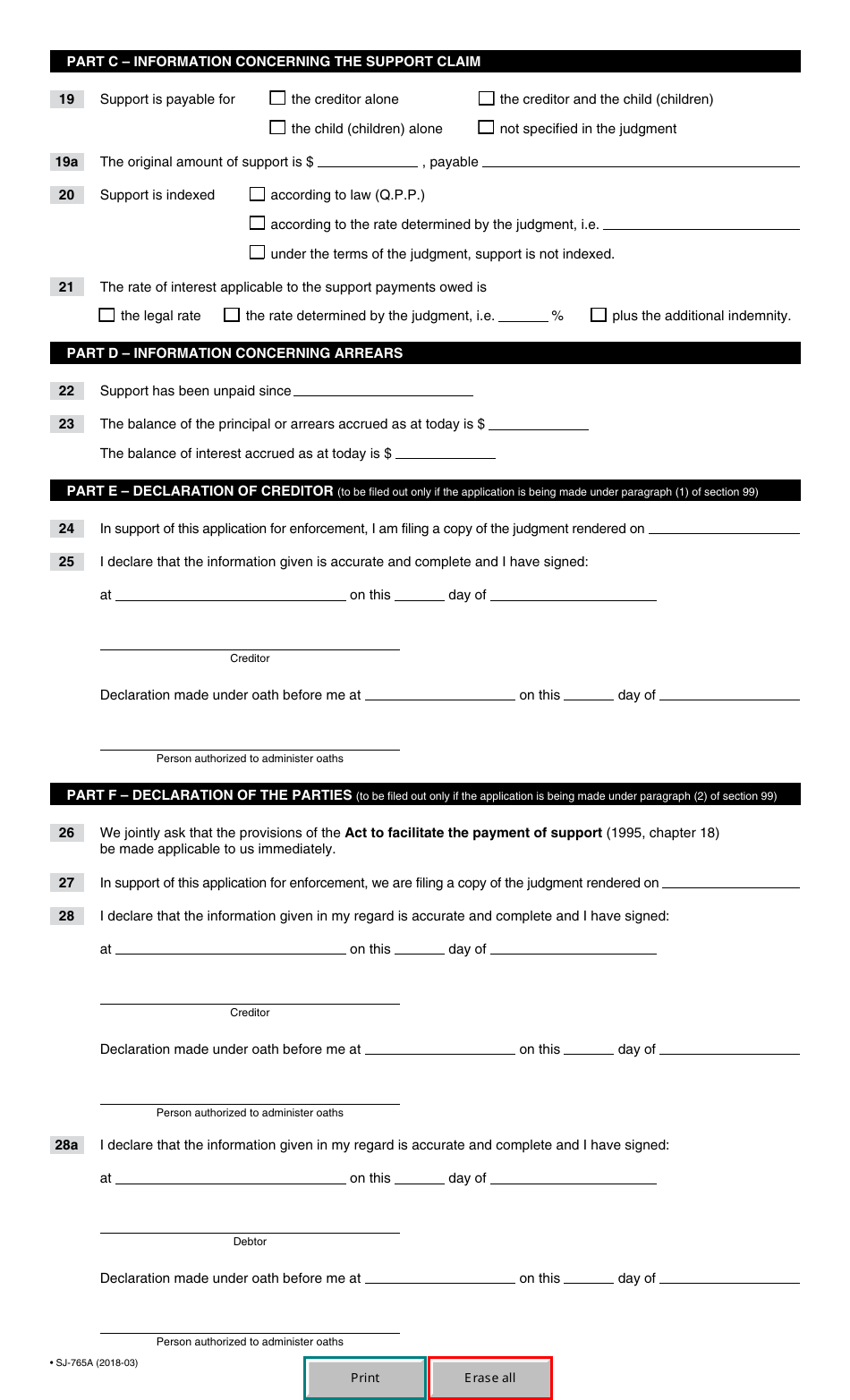 Form SJ-765A Application to the Court Clerk Concerning Section 99, Par. (1) or (2), of the Act to Facilitate the Payment of Support - Quebec, Canada, Page 3