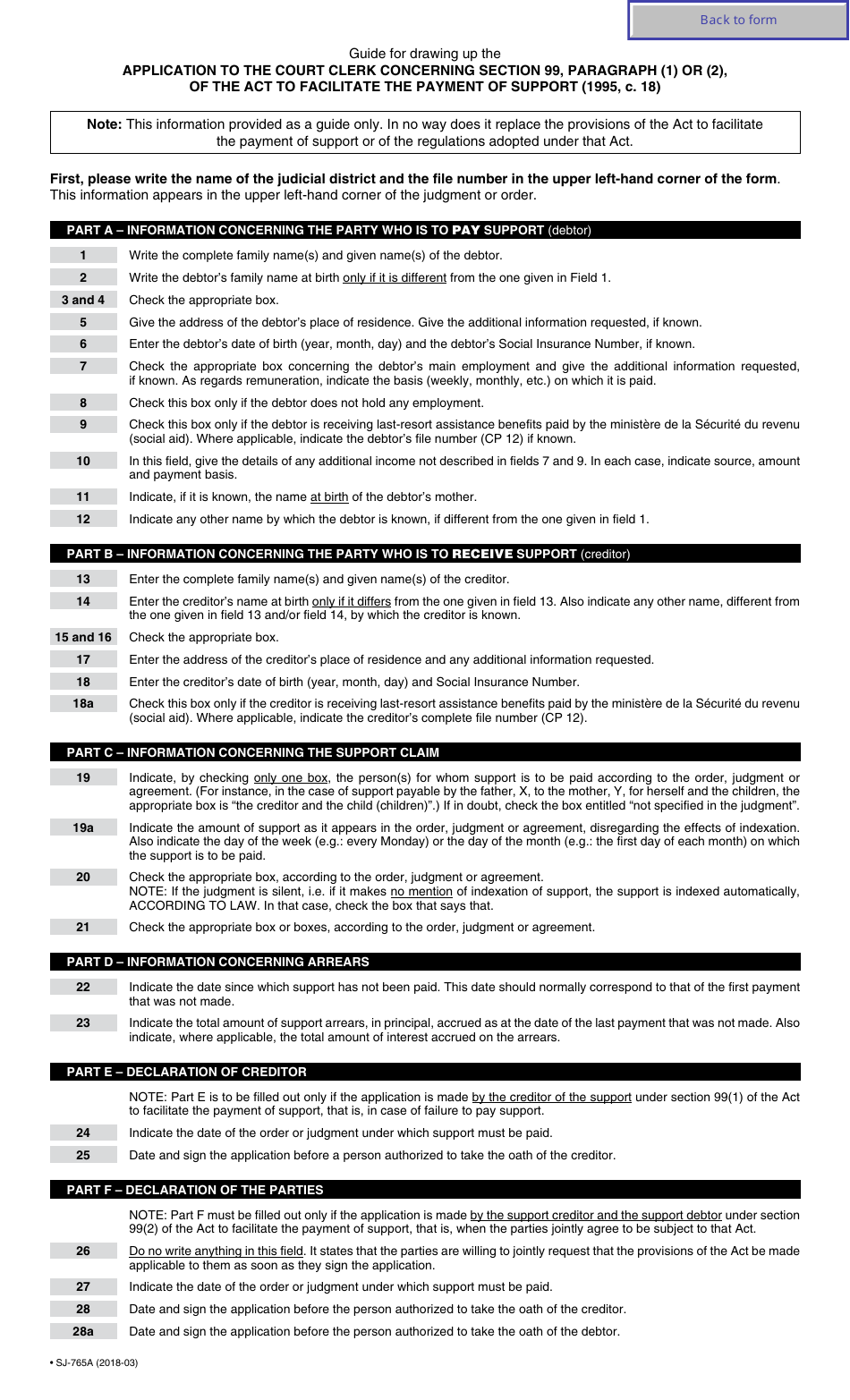 Form SJ-765A Application to the Court Clerk Concerning Section 99, Par. (1) or (2), of the Act to Facilitate the Payment of Support - Quebec, Canada, Page 4