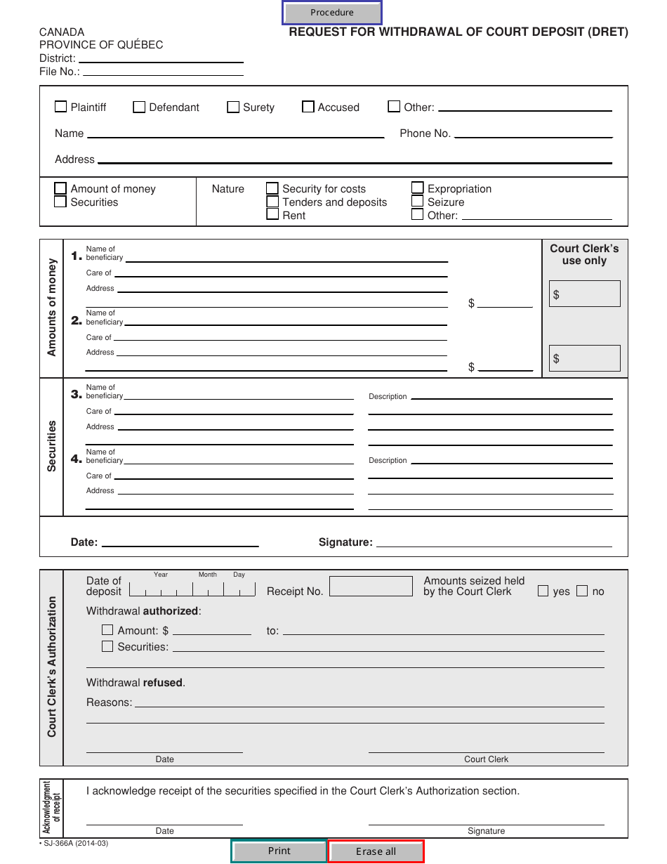 Form SJ-366A Request for Withdrawal of Court Deposit (Dret) - Quebec, Canada, Page 2