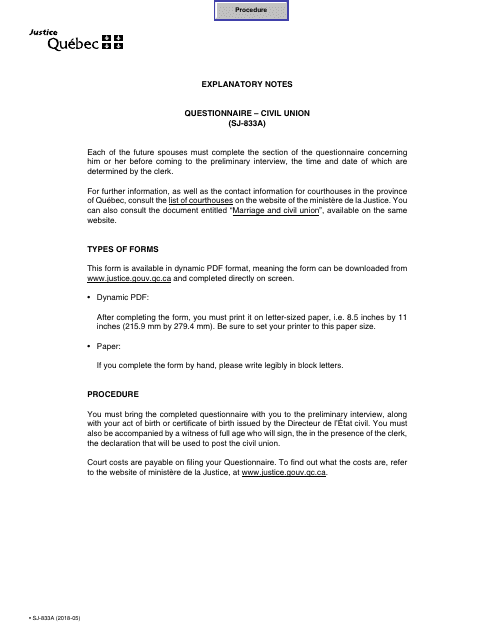Form SJ-833A Civil Union - General Information - Quebec, Canada