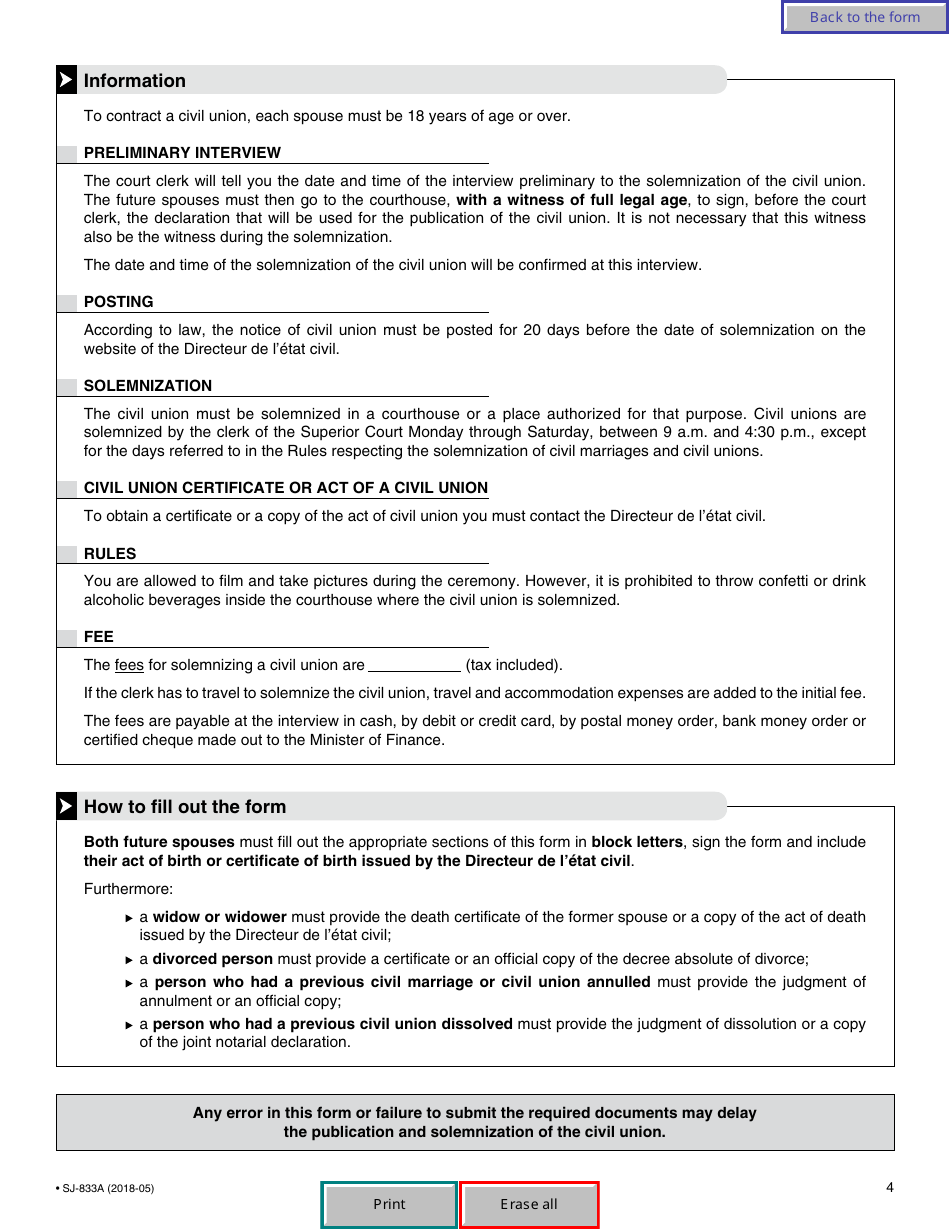 Form SJ-833A Civil Union - General Information - Quebec, Canada, Page 5