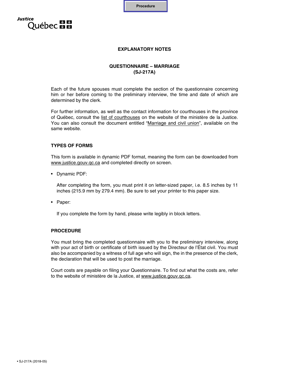 Form SJ-217A Civil Marriage - General Information - Quebec, Canada, Page 1