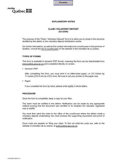 Form SJ-224A Claim/Voluntary Deposit - Quebec, Canada