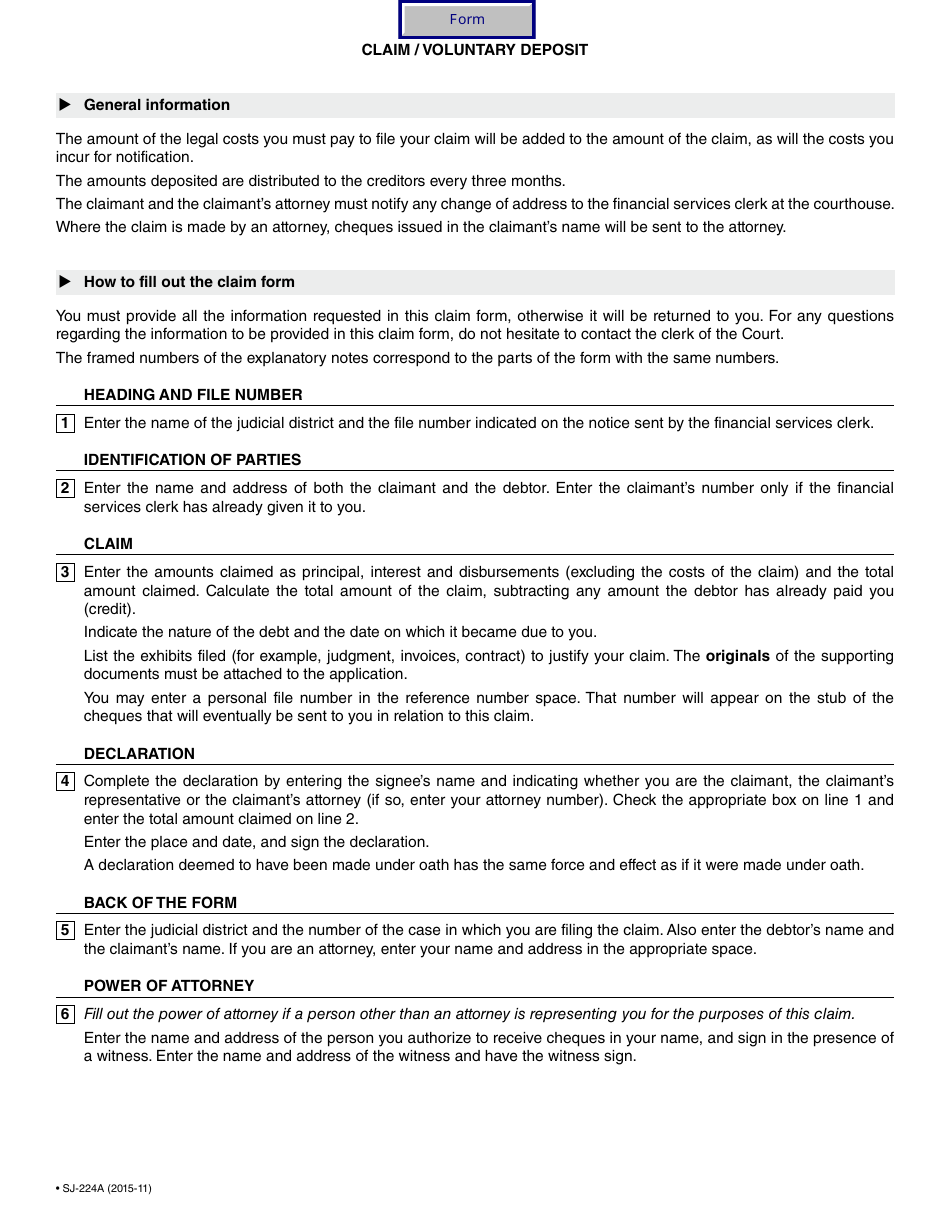 Form SJ-224A Claim / Voluntary Deposit - Quebec, Canada, Page 2