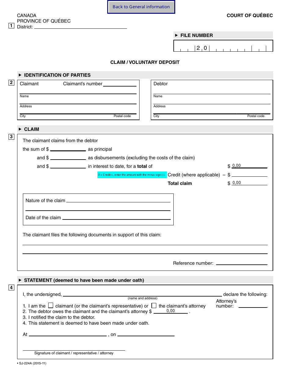 Form SJ-224A Claim / Voluntary Deposit - Quebec, Canada, Page 3