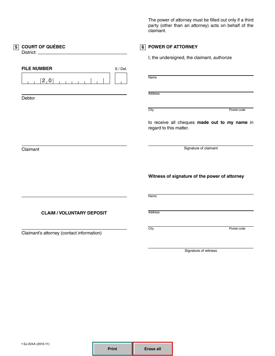 Form SJ-224A Claim / Voluntary Deposit - Quebec, Canada, Page 4