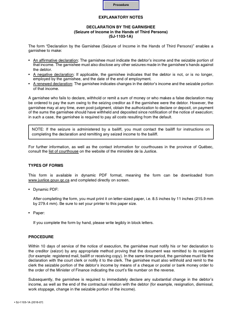 Form SJ-1103-1A Declaration by the Garnishee (Seizure of Income in the Hands of Third Persons) - Quebec, Canada