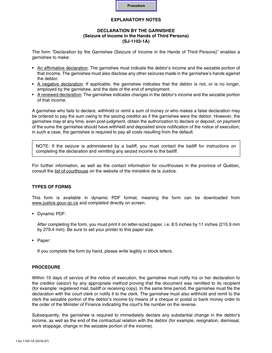 Form SJ-1103-1A Declaration by the Garnishee (Seizure of Income in the Hands of Third Persons) - Quebec, Canada, Page 1