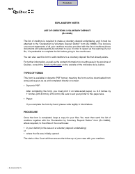 Form SJ-226A List of Creditors (Voluntary Deposit) - Quebec, Canada