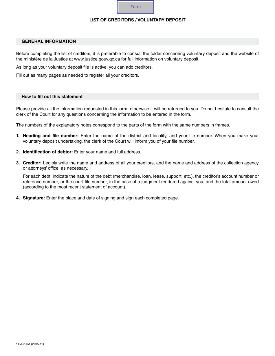 Form SJ-226A List of Creditors (Voluntary Deposit) - Quebec, Canada, Page 2