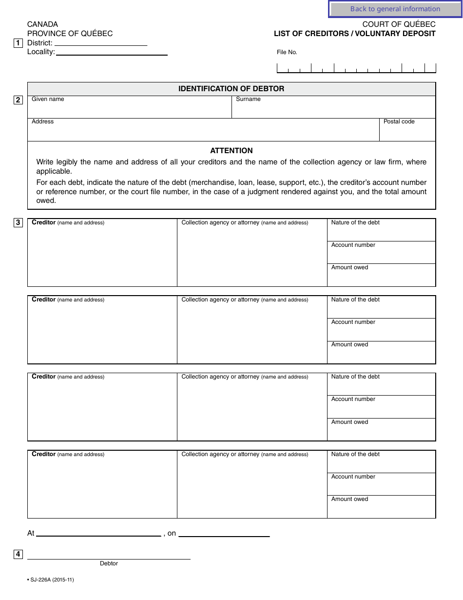 Form SJ-226A List of Creditors (Voluntary Deposit) - Quebec, Canada, Page 3