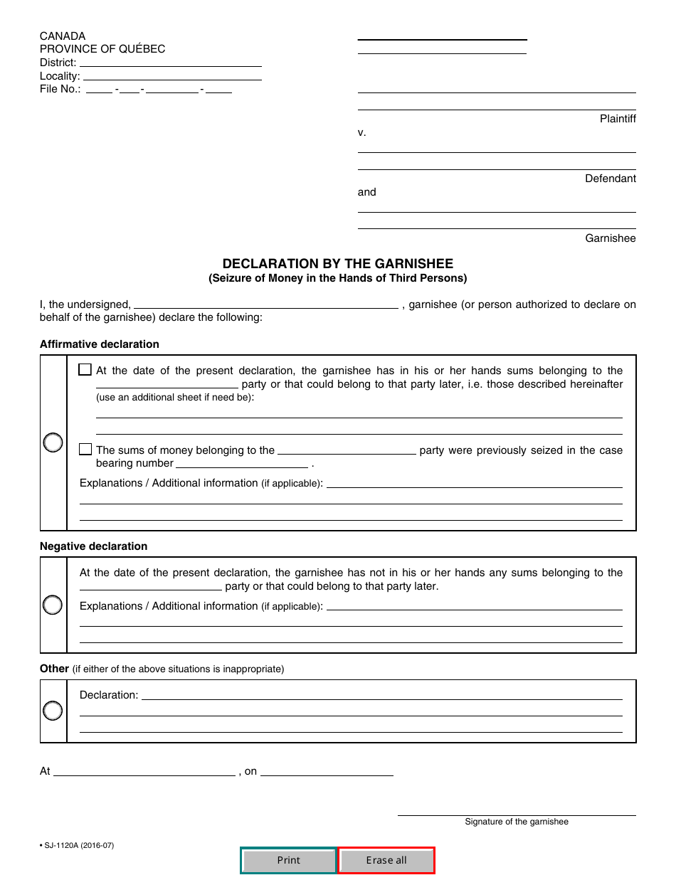 Form SJ-1120A Declaration by the Garnishee (Seizure of Money in the Hands of Third Persons) - Quebec, Canada, Page 2