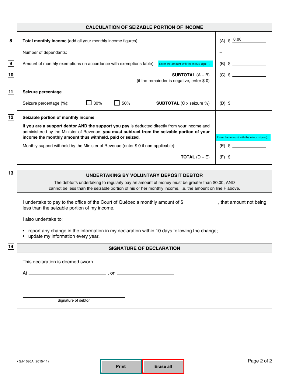 Form SJ-1086A Declaration by Voluntary Deposit Debtor - Quebec, Canada, Page 5