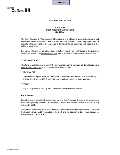 Form SJ-279A Subpoena (Post-judgment Examination) - Quebec, Canada
