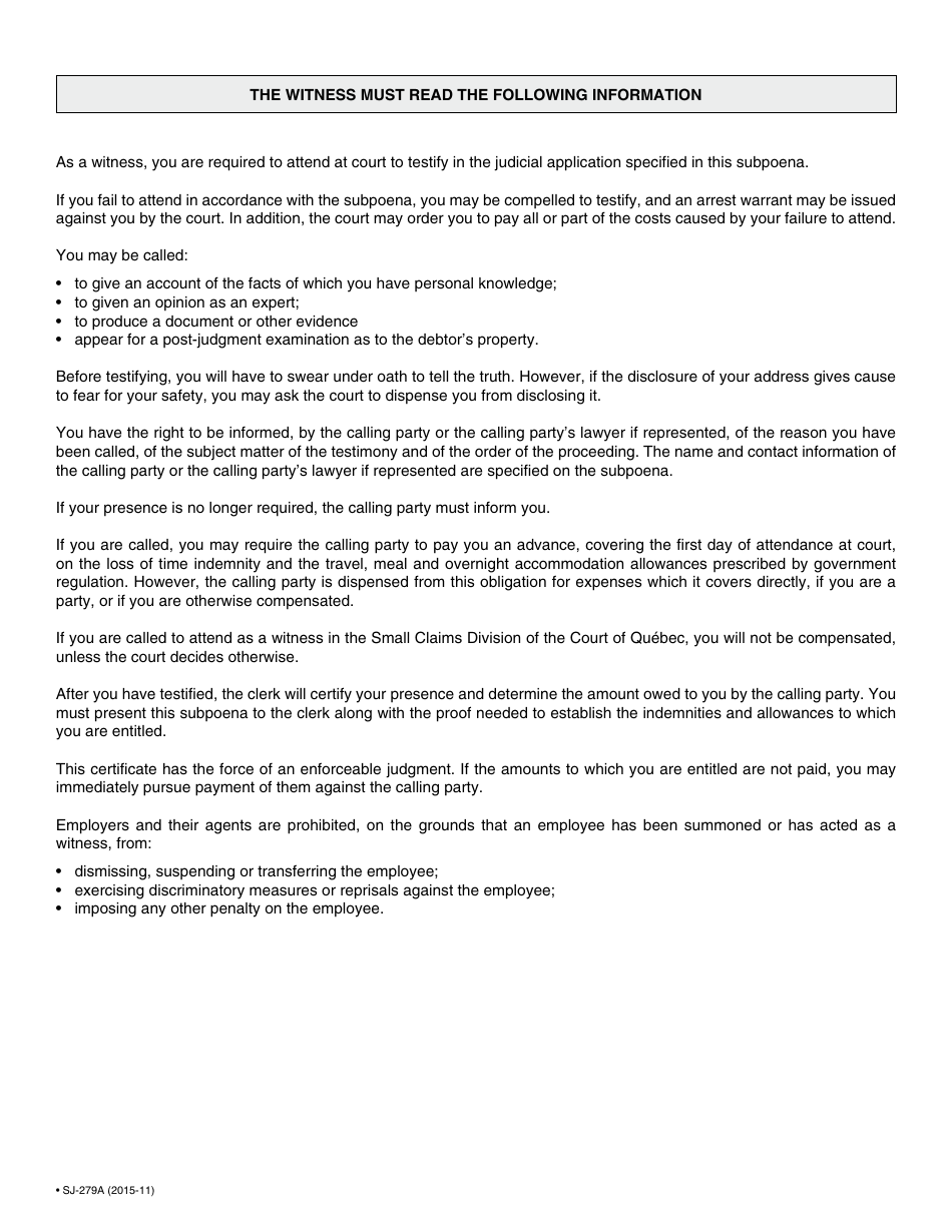 Form SJ-279A Subpoena (Post-judgment Examination) - Quebec, Canada, Page 3