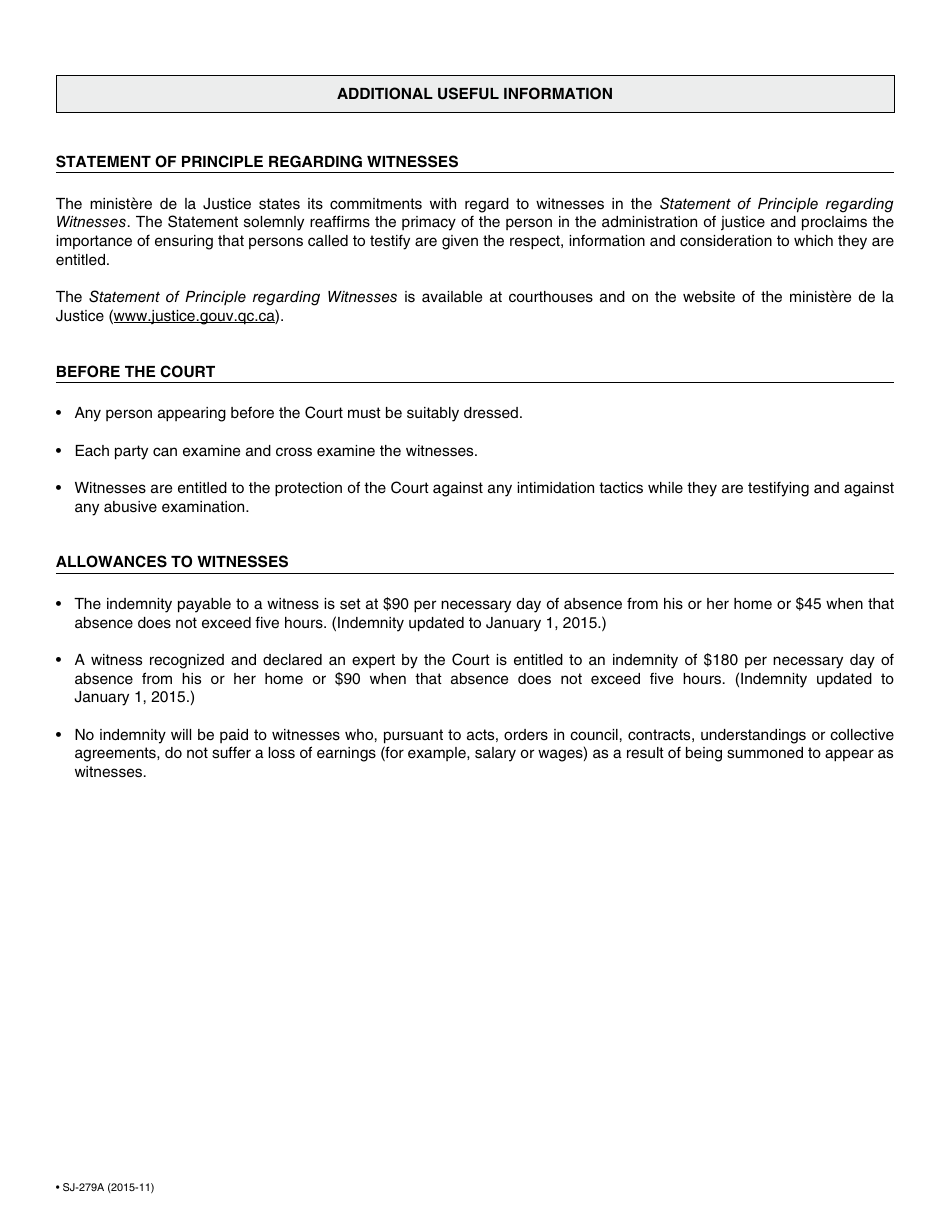 Form SJ-279A Subpoena (Post-judgment Examination) - Quebec, Canada, Page 4