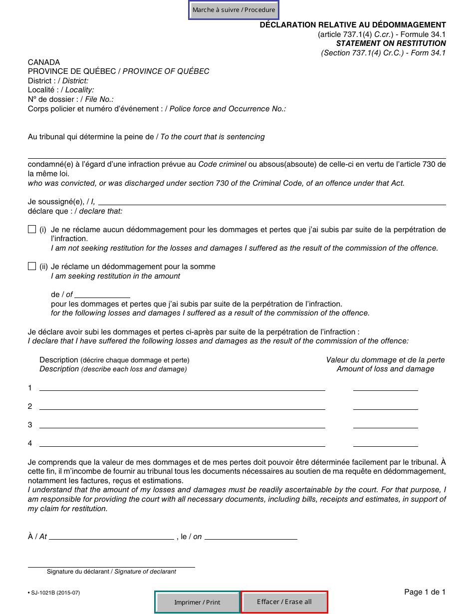 Form 34.1 (SJ-1021B) Statement on Restitution - Quebec, Canada (English / French), Page 1