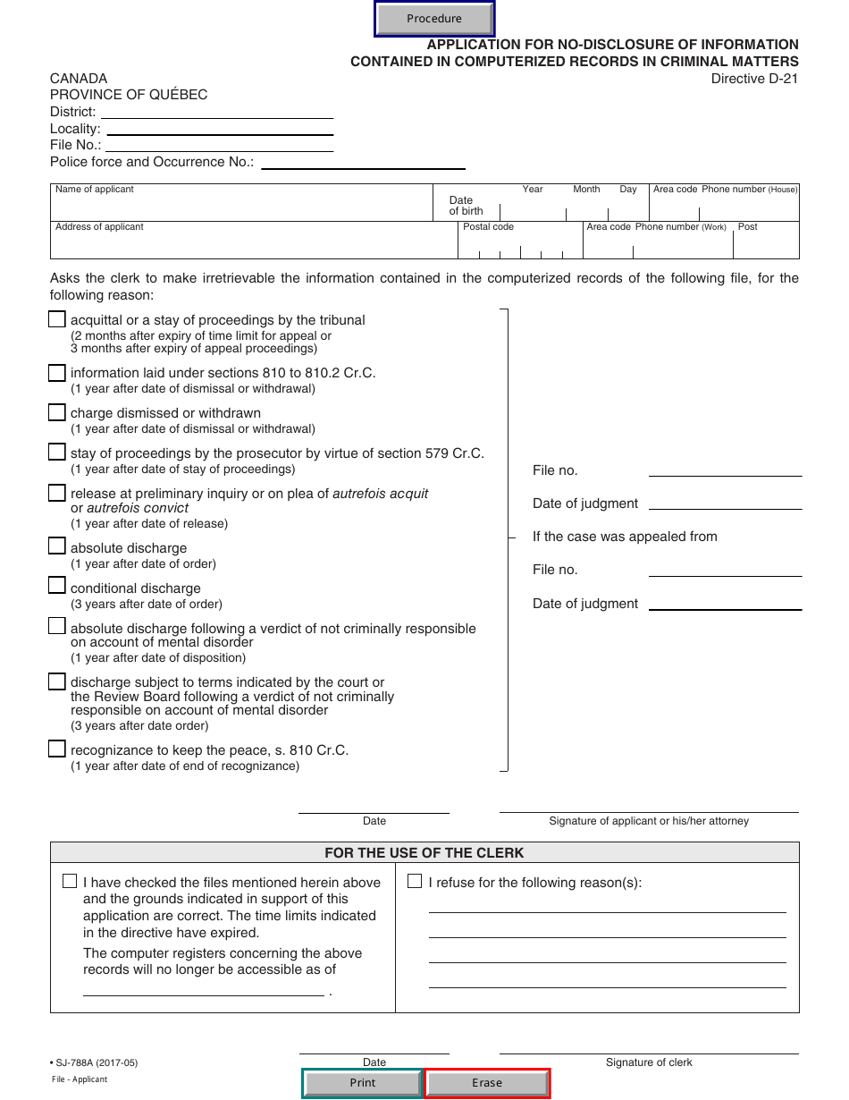 Form SJ-788A Application for No-Disclosure of Information Contained in Computerized Records in Criminal Matters - Quebec, Canada, Page 1