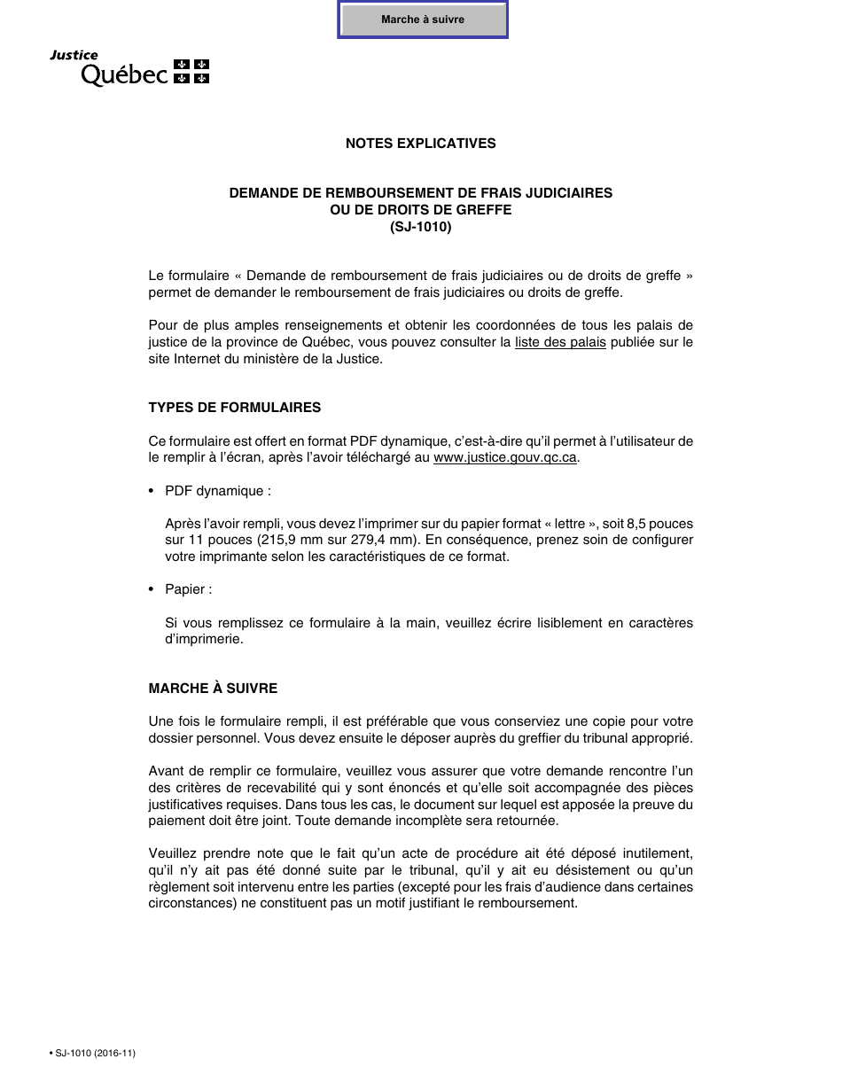 Forme SJ-1010 Demande De Remboursement De Frais Judiciaires Ou De Droits De Greffe - Quebec, Canada (French), Page 1