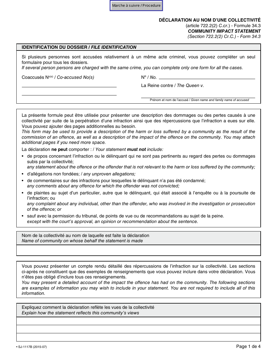 Form 34.3 (SJ-1117B) Community Impact Statement - Quebec, Canada (English / French), Page 1