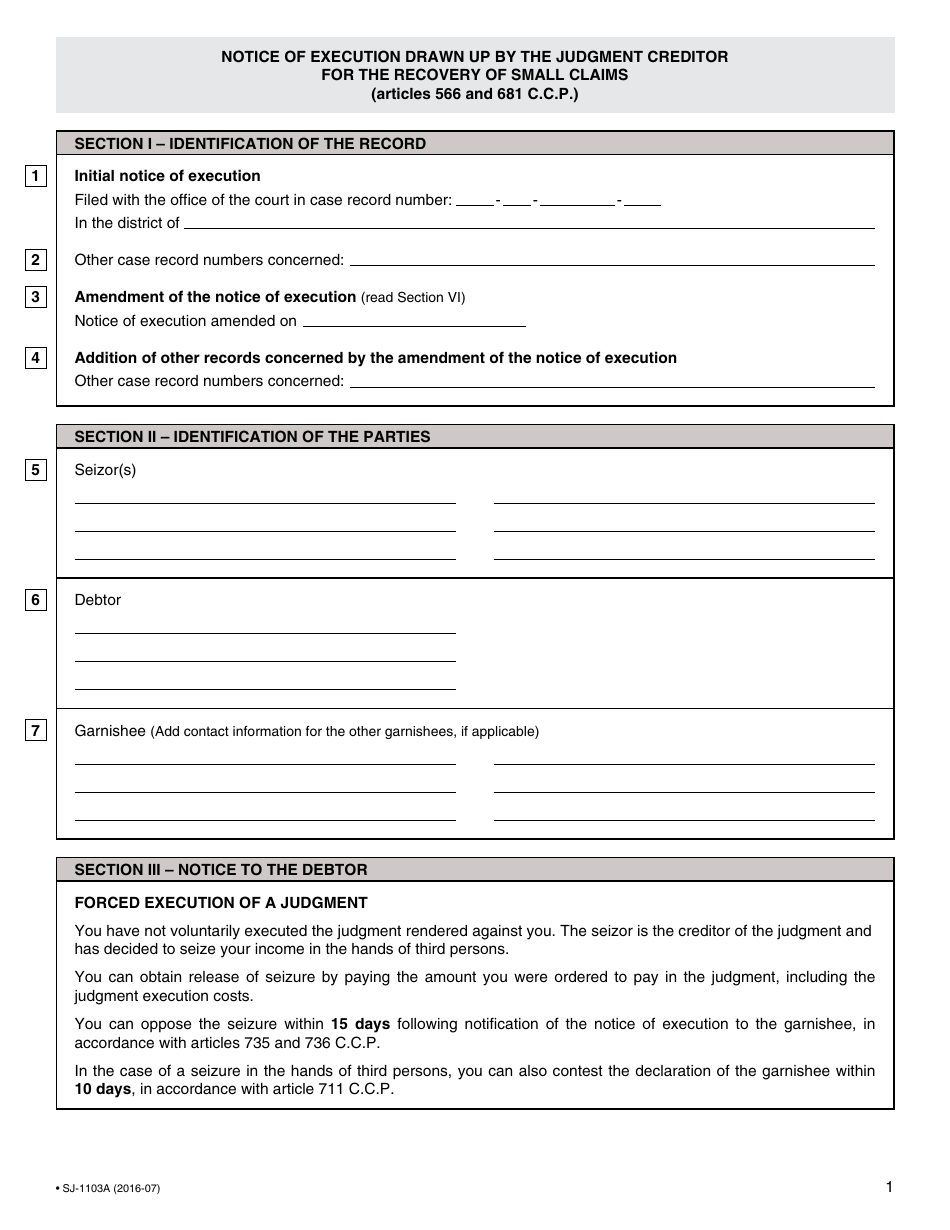 Form SJ-1103A Notice of Execution Drawn up by the Judgment Creditor for the Recovery of Small Claims - Quebec, Canada, Page 4