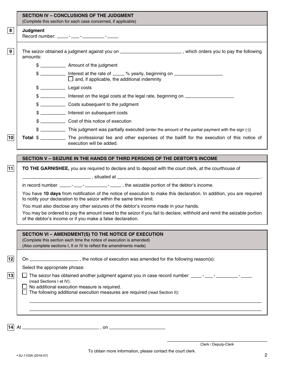 Form SJ-1103A Notice of Execution Drawn up by the Judgment Creditor for the Recovery of Small Claims - Quebec, Canada, Page 5