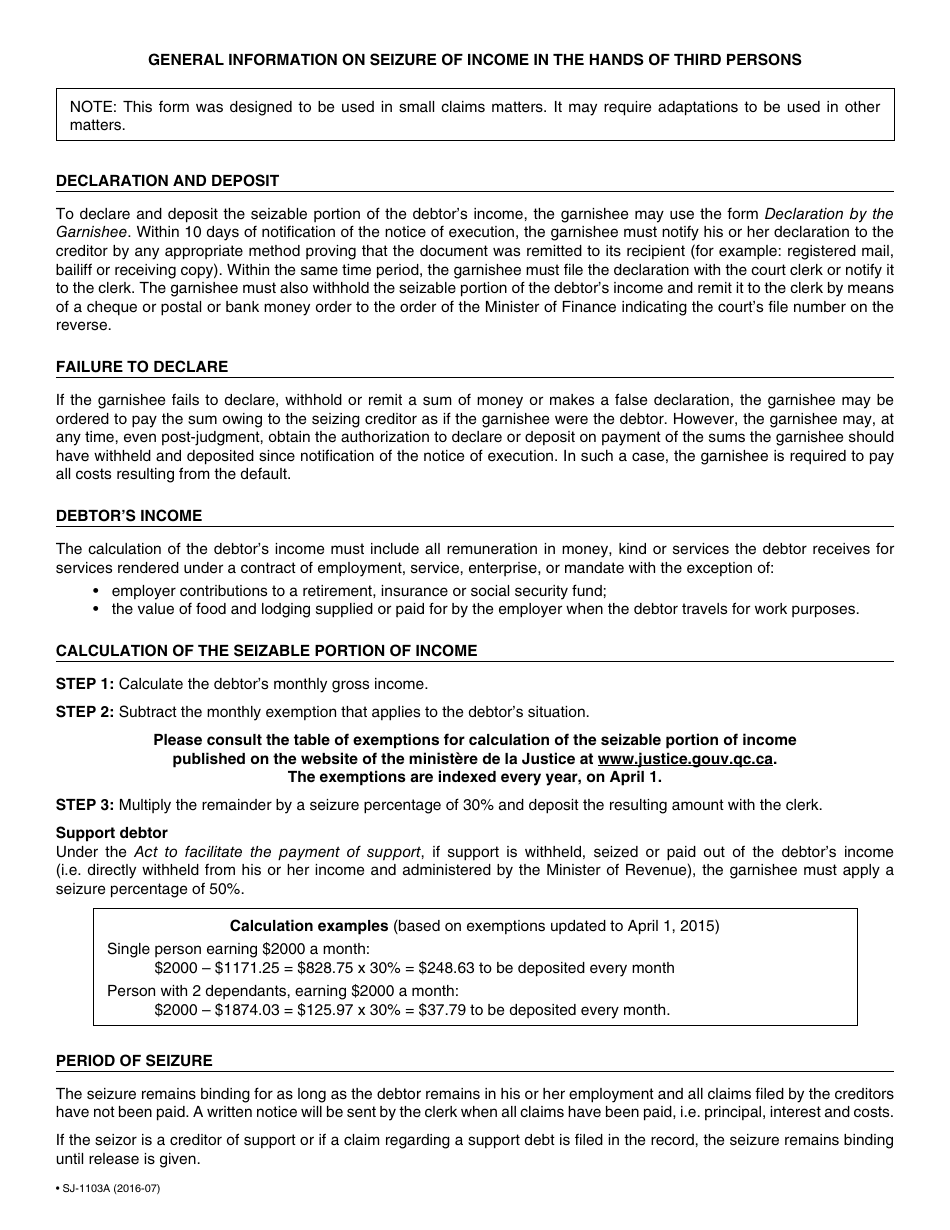 Form SJ-1103A Notice of Execution Drawn up by the Judgment Creditor for the Recovery of Small Claims - Quebec, Canada, Page 6