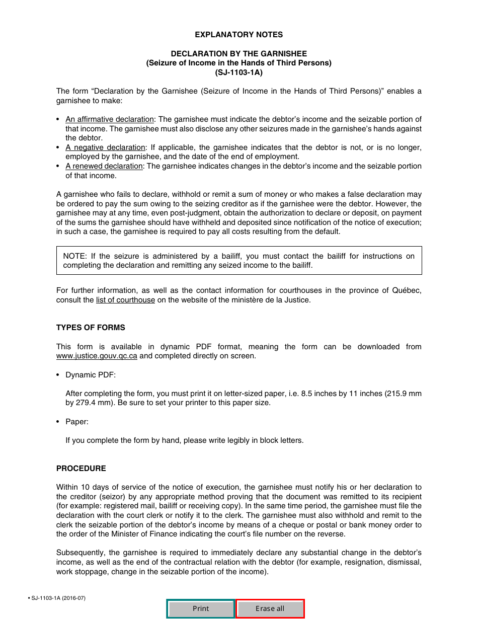 Form SJ-1103A Notice of Execution Drawn up by the Judgment Creditor for the Recovery of Small Claims - Quebec, Canada, Page 8