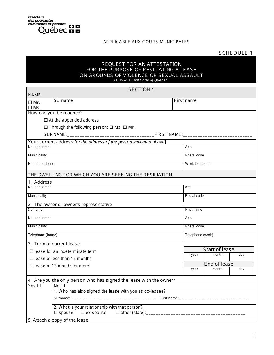 Schedule 1 Request for an Attestation for the Purpose of Resiliating a Lease on Grounds of Violence or Sexual Assault - Quebec, Canada, Page 1