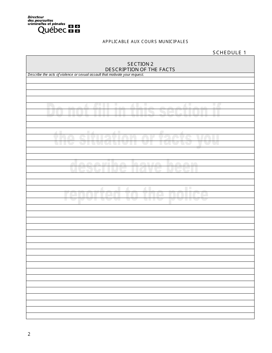 Schedule 1 Request for an Attestation for the Purpose of Resiliating a Lease on Grounds of Violence or Sexual Assault - Quebec, Canada, Page 2