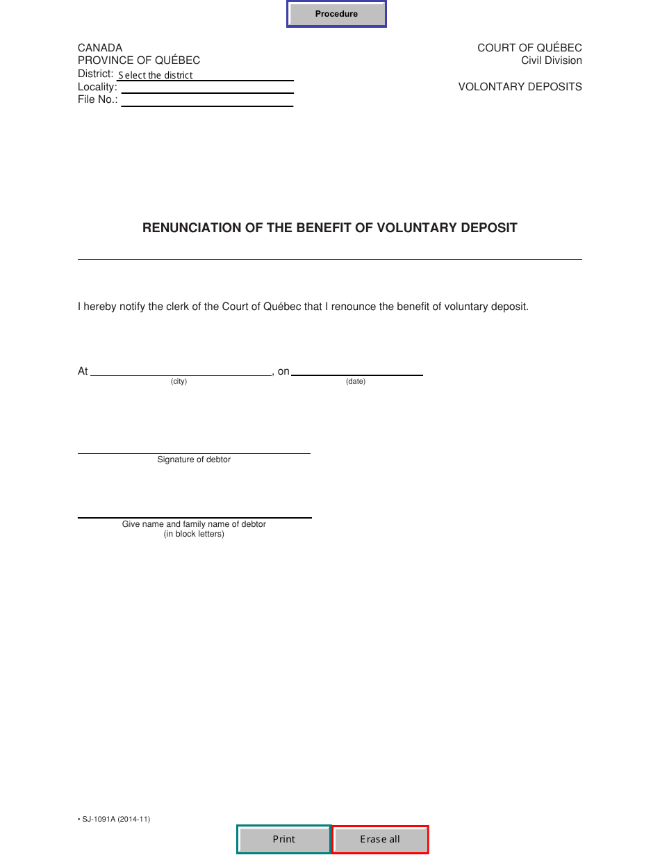 Form SJ-1091A Renunciation of the Benefit of Voluntary Deposit - Quebec, Canada, Page 1