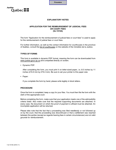 Form SJ-1010A Application for the Reimbursement of Judicial Fees or Court Fees - Quebec, Canada
