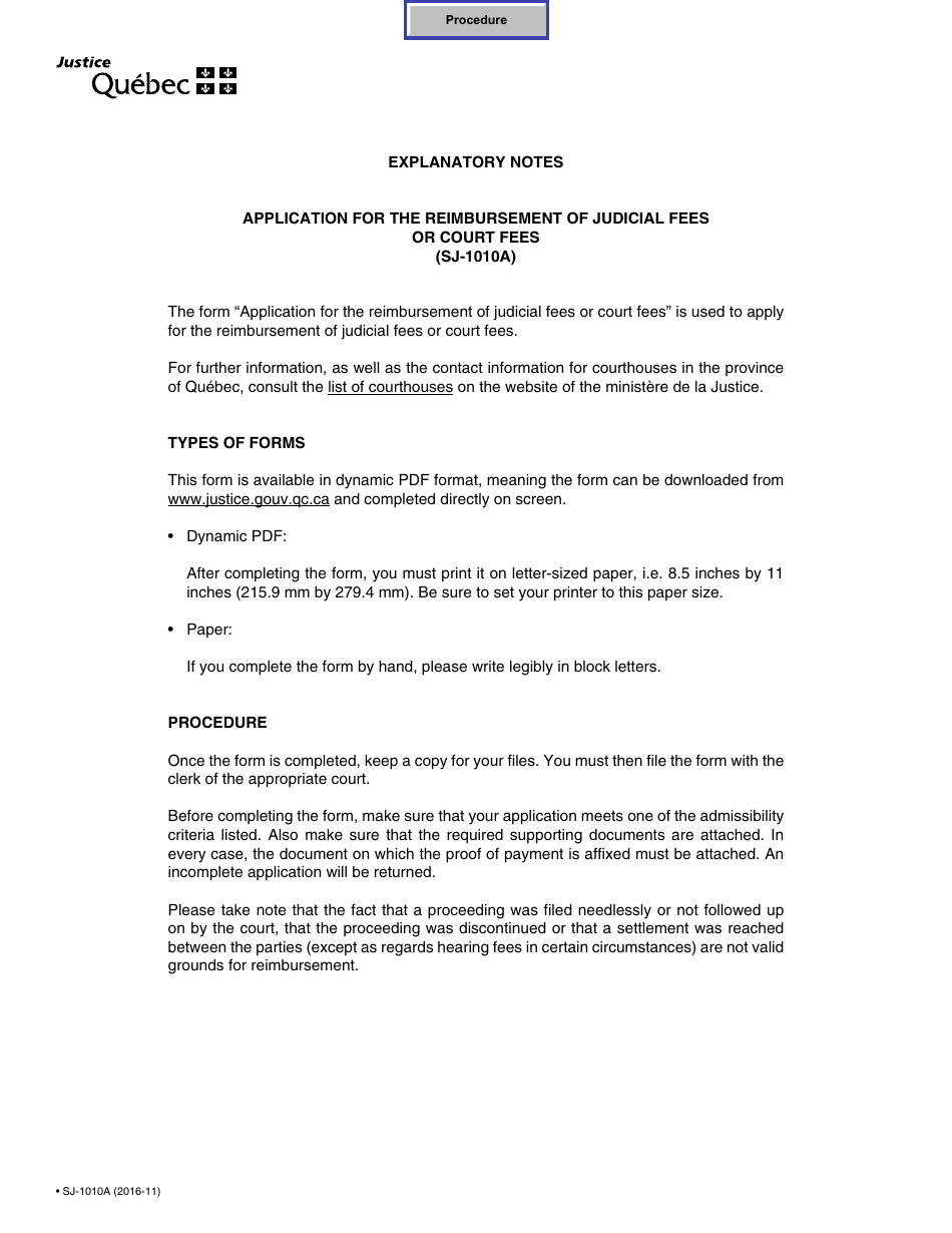 Form SJ-1010A Application for the Reimbursement of Judicial Fees or Court Fees - Quebec, Canada, Page 1