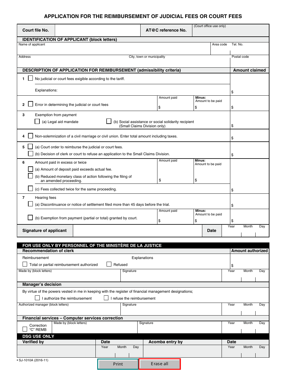 Form SJ-1010A Application for the Reimbursement of Judicial Fees or Court Fees - Quebec, Canada, Page 2