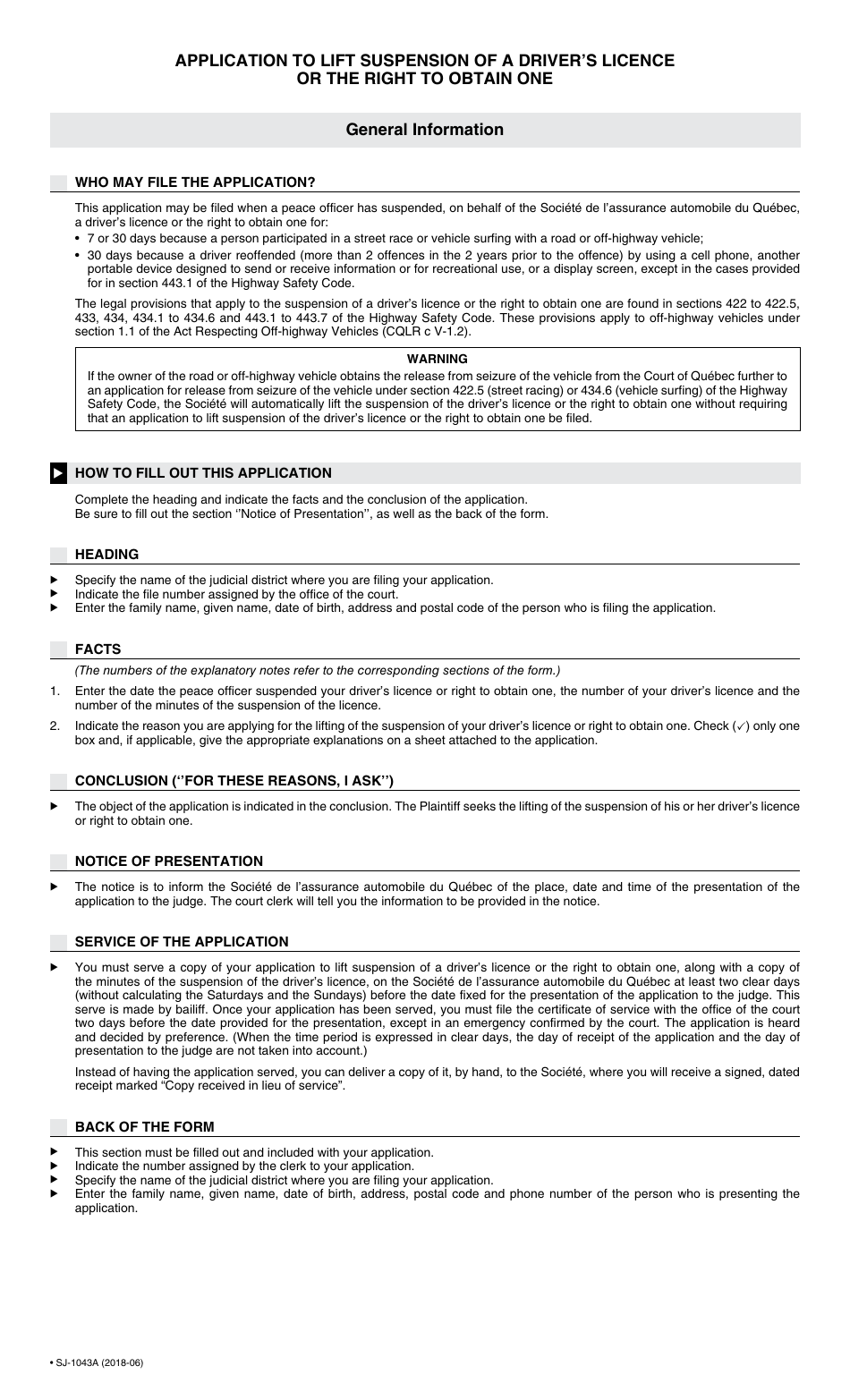 Form SJ-1043A Application to Lift Suspension of a Drivers Licence or the Right to Obtain One - Quebec, Canada, Page 2