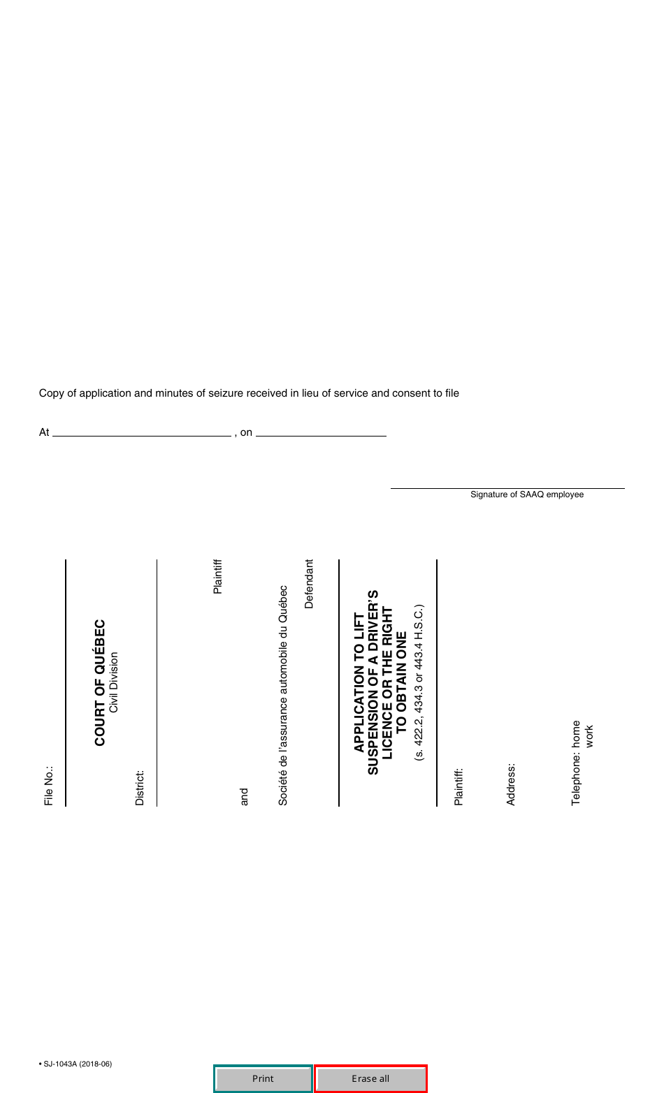 Form SJ-1043A Application to Lift Suspension of a Drivers Licence or the Right to Obtain One - Quebec, Canada, Page 4